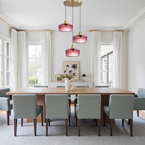 Image of 3-Light Purple Ribbed Glass Cluster Pendant Light, Mid Century Modern Gold Multi-Pendant Ceiling Lamp, Adjustable 59 inch Cord E26 Chandelier for Kitchen Island Dining Room