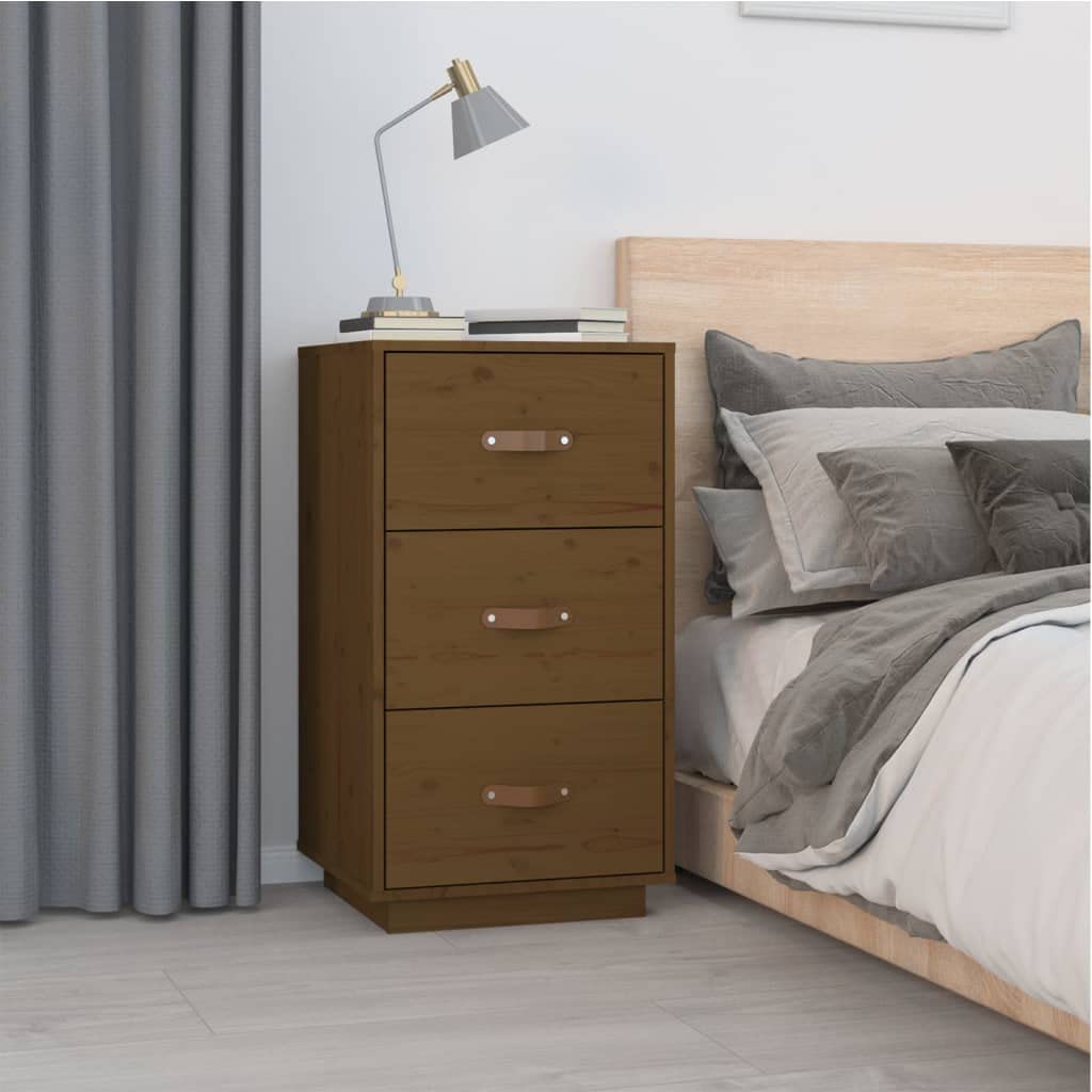 Table de chevet marron miel en pin massif 40x40x75 cm avec 3 tiroirs