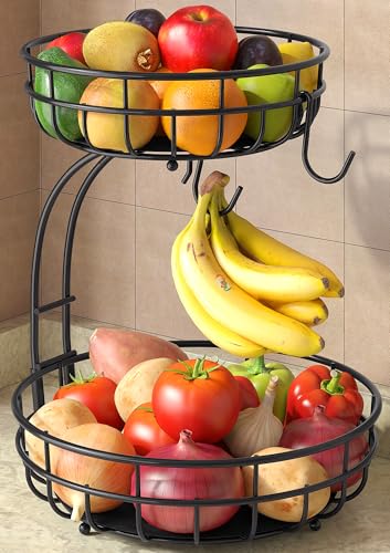 Sevenblue 2 Tier Large Fruit Basket for Kitchen Counter with Removable Banana Hanger - Sturdy Iron Fruit Bowl for Kitchen Counter and Vegetable Holder, Fruit Holder for Home Decor, Black