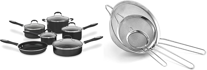 Cuisinart 11-Piece Nonstick Cookware Set, Black, 55-11BK & Mesh Strainers, 3 Pack Set, CTG-00-3MS