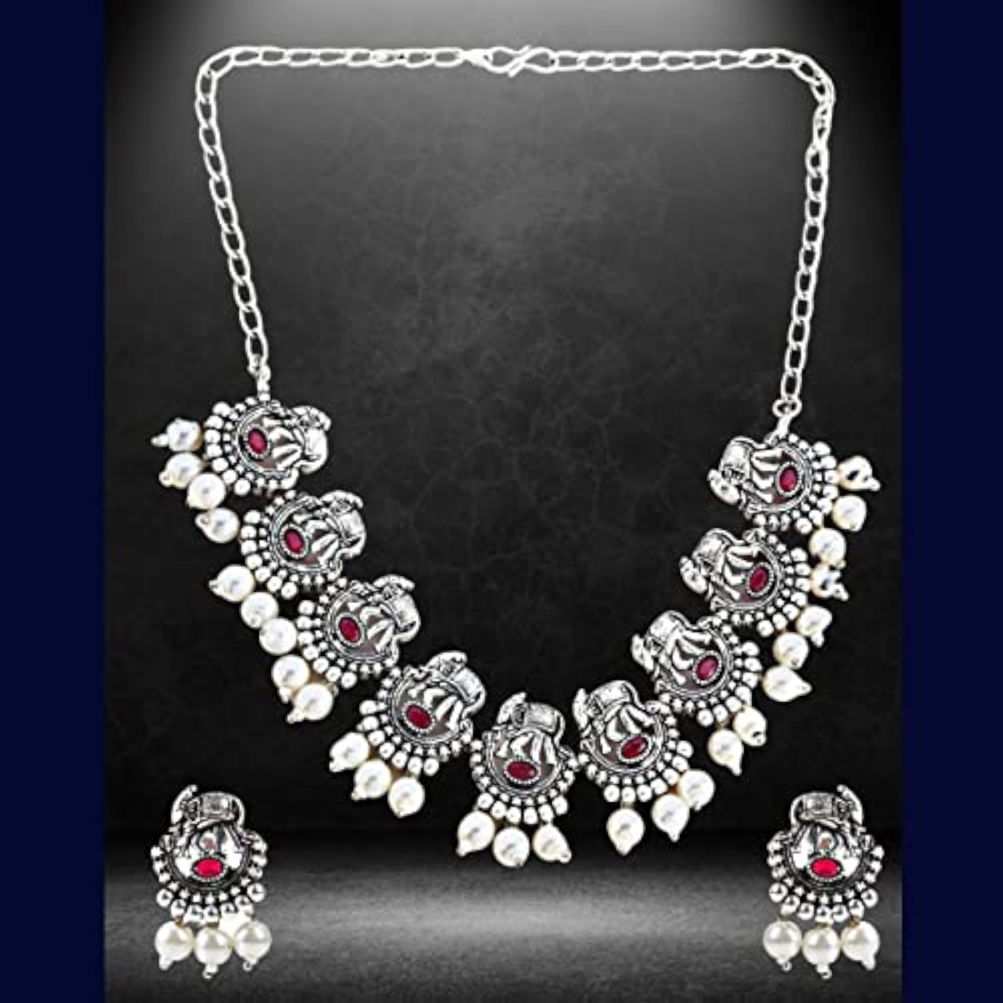 Antique Inspired Pink Stones Studded Elephant Motif Necklace Set