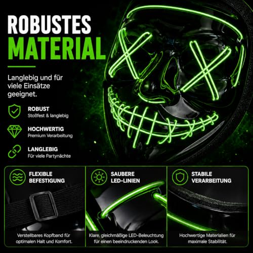 LED Purge Maske grün - Kostümmaske steuerbar für Halloween, Fasching & Karneval als Kostüm für Herren & Damen (Farbauswahl) (grün) – Ansicht 4