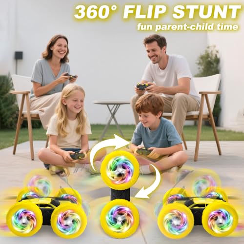 Image of Remote Control Car, Outdoor Toys RC Cars for Kids Ages 6-12, 4WD Double Sided Stunt Vehicle with Upgraded USB-C Modular Batteries, 5 6 7 8 9 10+ Year Old Boy Birthday Yellow
