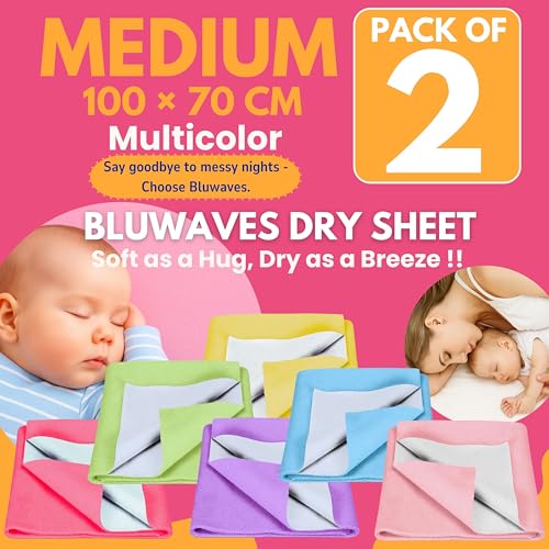 Image of Quick Drysheet for Baby - Waterproof & Extra Absorbent (Medium Pack of 2) | Instadry Bed Protector Sheets | Washable Reusable Mattress Protector for New Born Babies Toddler Kids Children - Multicolor
