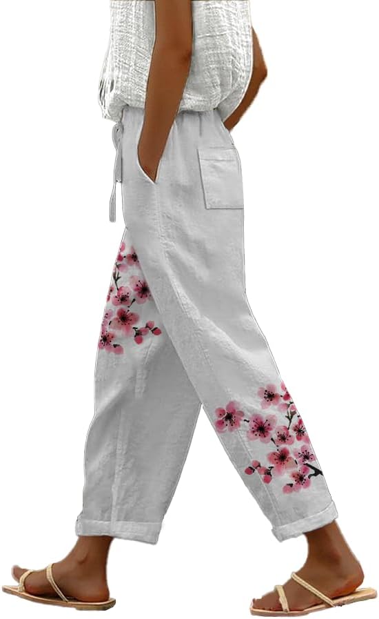 Linen Boho Pants for Women Butterfly Print Loose Casual Pants with Pockets Comfy El...