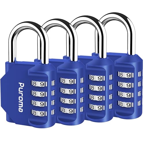 Puroma 4 Pack Combination Lock for Locker 4 Digit Outdoor Waterproof Padlock for School, Gym, Sports, Fence, Toolbox, Gate, Case, Outdoor, Hasp Storage (Blue)