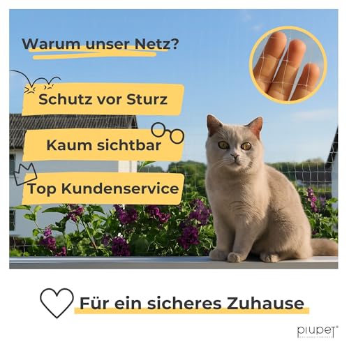 PiuPet® Katzennetz für Balkon I 8x3m I transparent I inklusive Montagematerial I Katzennetz | Katzenschutz Fenster I Katzen Balkonnetz I Ideal für uneingeschränkte Sicht