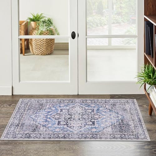 Vintage 2x3 Washable Area Rug, Low-Profile Entryway Rug with Non-Slip Backing & Durable Edge Binding, Pet-Friendly Doormat, Small Rug for Entryway, Kitchen, Living Room