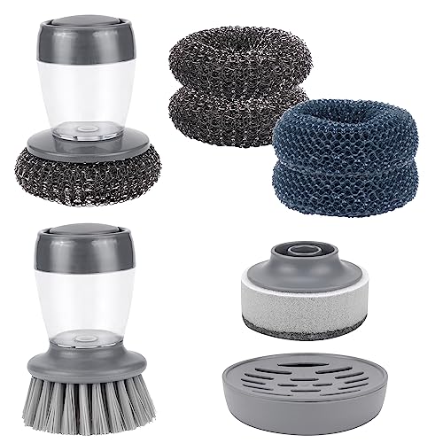 2 Cepillo para Limpiar Platos con Dispensador de Jabón, Cepillo Palma Dispensador Jabón,Cepillo de Cocina con Soporte + 5 Bolas de Acero Intercambiables,para Fregar Platos, Sartenes y Ollas