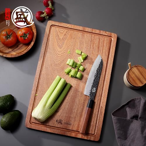 Tabla de Cortar de Madera Sapele MITSUMOTO SAKARI 18 x 12 pulgadas con Ranura para Jugos, Superficie Reversible, Asas Laterales, Ideal para Carnes, Verduras y Quesos miniatura 2
