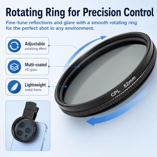Image of 52mm CPL Polarizer Filter for Mobile Phone Camera, Clip-On Smartphone Lens Filter Kit with Adjustable Mount, Anti-Glare Circular Polarizing Lens Filter for iPhone & Android