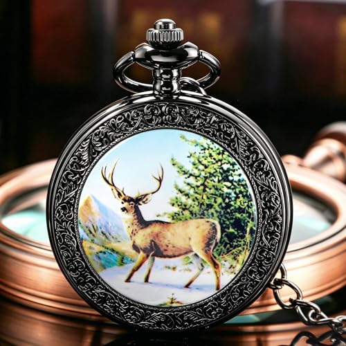 Image of Deer Pocket Watch for Men Pocket Watches with Chain Gift for Father's Day | Vintage Deer Case Pocket Watch Mens Quartz Watches with Chains Christmas Graduation Birthday Gifts Fathers Day