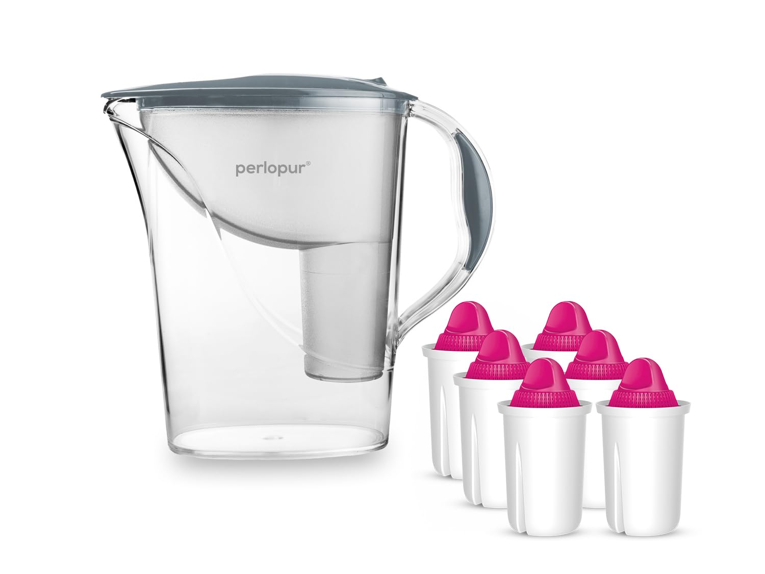 PearlCo - Filtr do wody standardowy (szary) z 6 wkładami filtrującymi AquaMag Classic (z magnezem) – pasuje do Brita Classic
