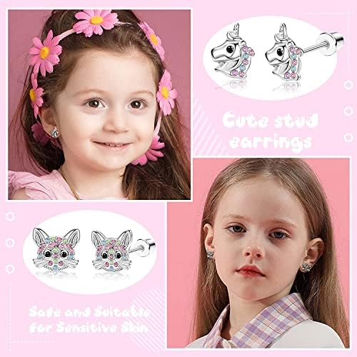 Adramata 12 Pairs Girls Earrings for Women Stainless Steel Earring Studs Set CZ Cat Star Butterfly Love Heart Rainbow Opal Kids Earrings Screw Back Earrings Shiny Gift