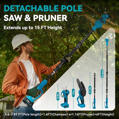 Yofidra 4-in-1 Akku Hochentaster, 6 Zoll Teleskop Kettensäge Akku & 30mm Elektrische Astschere, 180° Einstellbarer Winkel, Baumsäge Elektrisch mit 2x3.0Ah Akku, Teleskopstange bis zu 4,6m