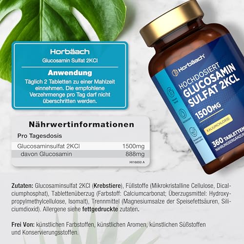 Glucosamin Sulfat 1500mg 2KCl | Glucosaminsulfat | 360 Hochdosiert Tabletten | Glucosamine Sulphate | von Horbaach