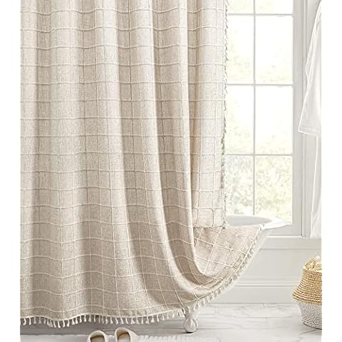 Awellife Boho Bauernhaus Duschvorhang Beige Dicker Baumwolle Leinen Stoff Luxus Französisch Landzimmer Badezimmer Duschvorhänge Set Modern Bohemian Chic Cover