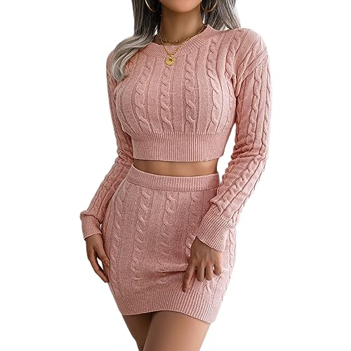 Conjunto de otoño de 2 piezas para mujer con suéter corto y falda entallada de punto de manga larga