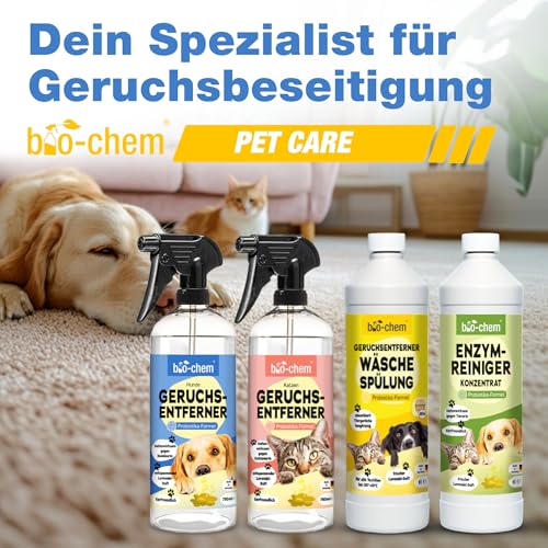 bio-chem Geruchsentferner Set | Hunde-Spray 750 ml + Wäschespülung 1L | Mikrobiologisch & effektiv | Gegen Tiergeruch auf Textilien & Oberflächen