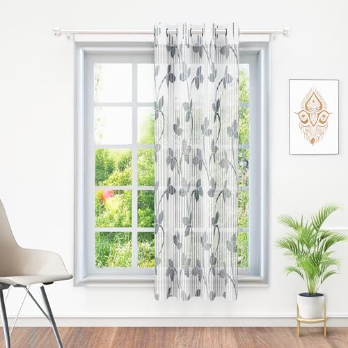 Image of Window Curtains 5 Feet Long Set of 1 | Leaf Design | Polyester | Light Filtering Curtains | Curtains for Living Room | 118 x 152 cm, Grey & White Color | Perfect for Home Decor