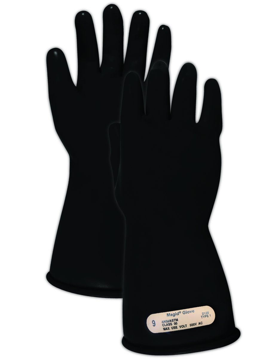 MAGID Class 00 Lineman Electrical Insulated Rubber Gloves, Pair, Size  11 inches Long, M0011B85 ,Black