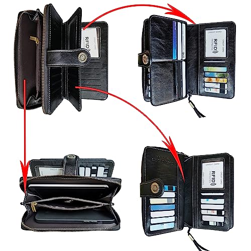 Image of Women's RFID Blocking Wallet Large Zip Around Leather Clutch with Wristlet | Large Capacity, 23 Card Slots, 2 ID Windows, Phone Holder, Soft PU Leather, RFID Secure, Coin Pocket, Checkbook Holder