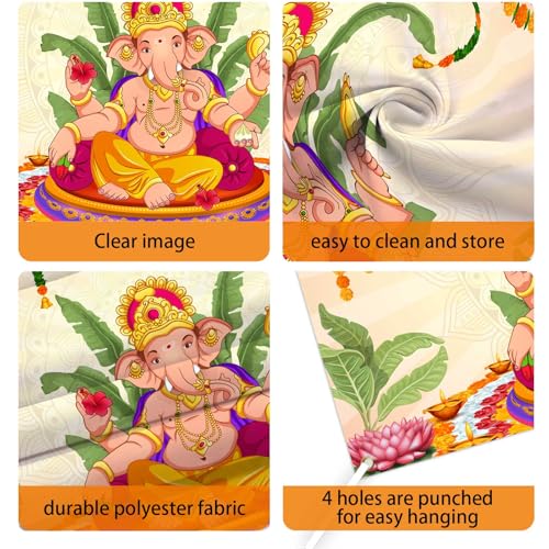 Image of Pooja Ganpati Decoration Banner Indian Puja Cloth Items Backdrop Traditional Chatiya Ganesh Mehndi Photography Background Wedding Festival Party Marigold Garlands Photo Booth 70.8x35.4inch