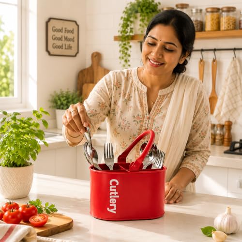 Image of MARKET 99 Galvanised Iron Red Cutlery Holder with Oval Shape and Matte Finish | Knife and Fork Holder for Kitchen | Cutlery Stand | Dining Utensil Rack for Dining Table