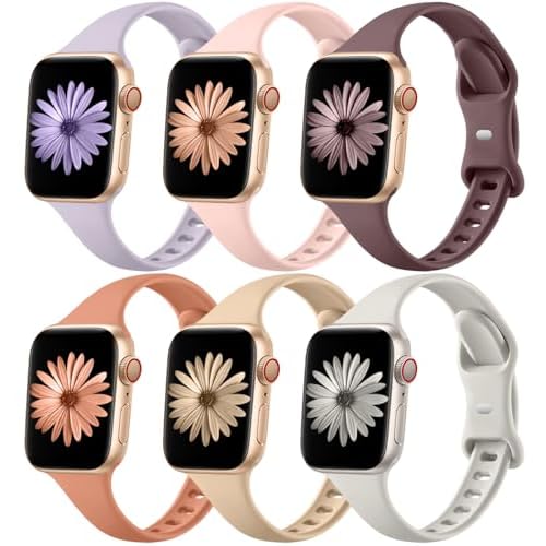 Lerobo 6 pack Slim Silicone Bands Compatible for Apple Watch Band 44mm 45mm 42mm 38mm 40mm 41mm, Slim Thin Narrow Replacement Sport Strap Wristband for iWatch Series 8/7/6/5/4/3/2/1 SE Ultra
