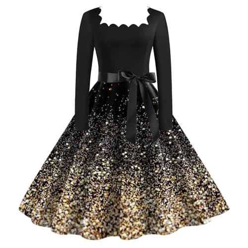 Weihnachten Kleid Damen Langarm Kleider, Lustig Weihnachtskleider 50er Jahre Druck Festliche Knielang Plisseekleid XXL Retro Partykleid Swing Rundhals...