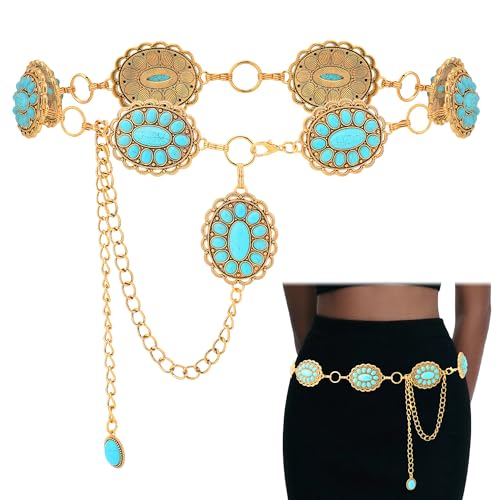 Western Turquoise Belt for Women Boho Cowgirl Concho Metal Belt for Country Concert Outfit Vintage Jewelry
