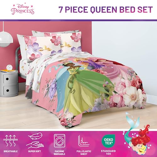Image of Disney Princess Queen Comforter Set 7 Piece Bedding for Girls, Pink