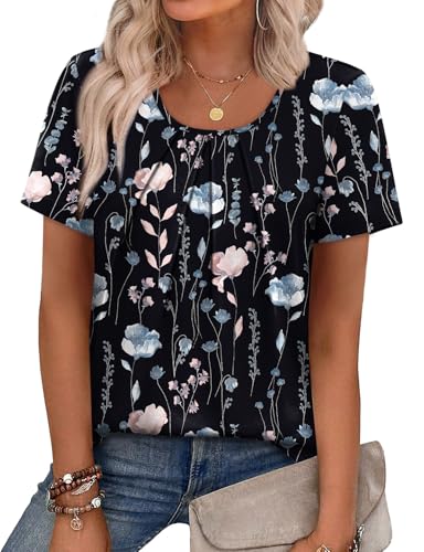 Image of WIHOLL Women T Shirts Pleated Short Sleeve Tops Business Casual Dressy Blouses