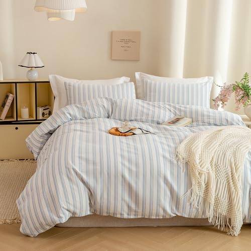 Image of ECOCOTT Striped Duvet Cover Queen Size -100% Washed Cotton Linen Like Textured Breathable Durable Soft Comfy Bedding Set with Zipper Closure & Corner Ties