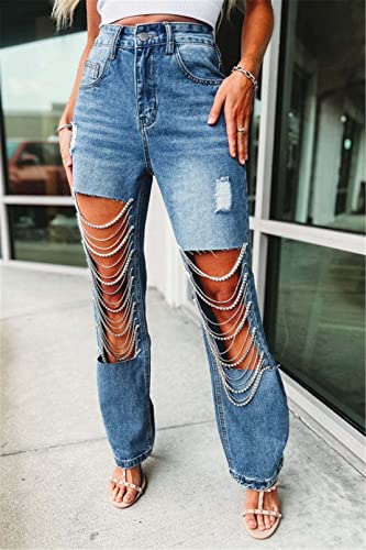 Hotheart Womens Sexy Ripped Distressed Destroyed Rhinestones Chain Party Clubwear Denim Pants Jeans4