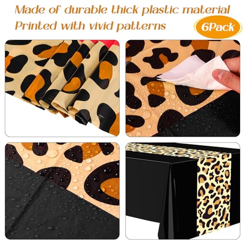Image of Buryeah Leopard Print Tablecloth 54 x 108'' Leopard Plastic Table Cover Disposable Safari Animal Cheetah Print Party Decorations for Baby Shower Wedding Birthday Party Favors(Black,6 Pcs)