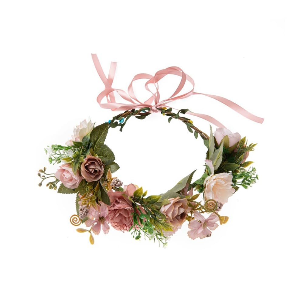 Lofruiin Women's Bohemian Fashion Flower Wreath Adjustable Grass Ring Crown Beach Party Floral Headpiece (A- Pink)