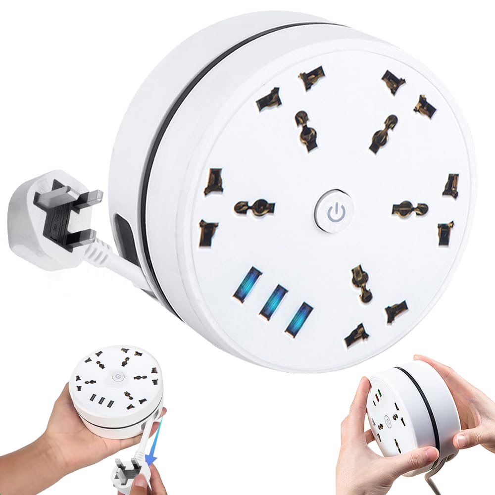 Gobesty 5-Outlet Surge Extension Lead with 3 USB Slots, 2.8m Safer new upgrade Plug Extension Socket, Rollable Retractable Travel Extension Lead, 2500W 10a Muti Power Strip
