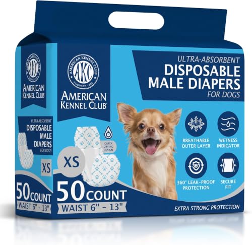 Image of American Kennel Club Male Dog Wrap, Disposable Diapers with Wetness Indicator, X-Small, 50 Count (Pack of 6)