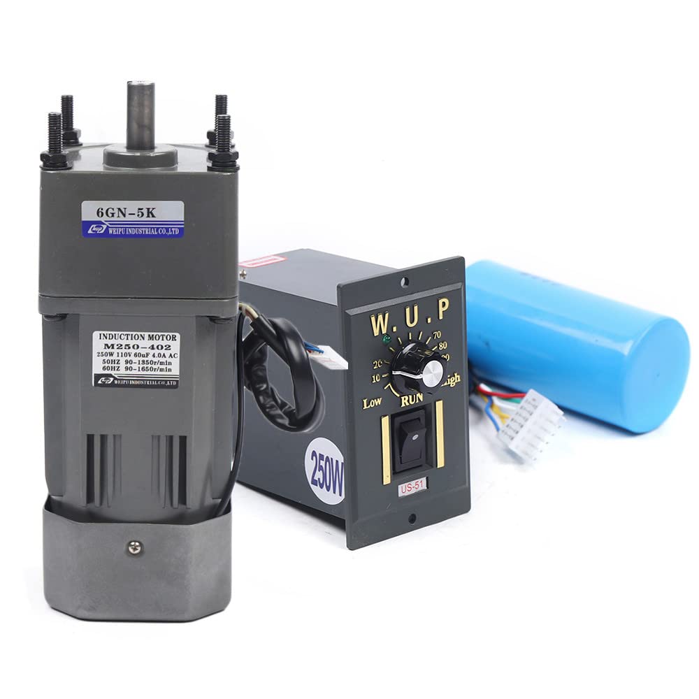 Eapmic 110V AC Gear Motor with Speed Controller, Variable Speed Gear Motor Single-Phase High Torque Adjustable Gear Reduction Motor 0-270RPM 250W 5K(Reduction Ratio 1:5)
