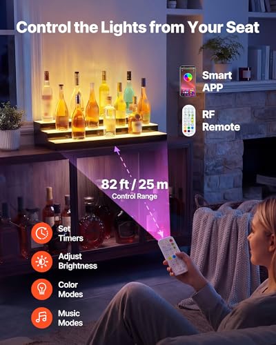 Image of VEVOR LED Lighted Liquor Bottle Display, 3 Tiers 30 inches, Acrylic Illuminated Home Bar Shelf Display with RF Remote & App Control, DIY Setup with Type-C Cables, 9 Static Colors, for 21-30 Bottles
