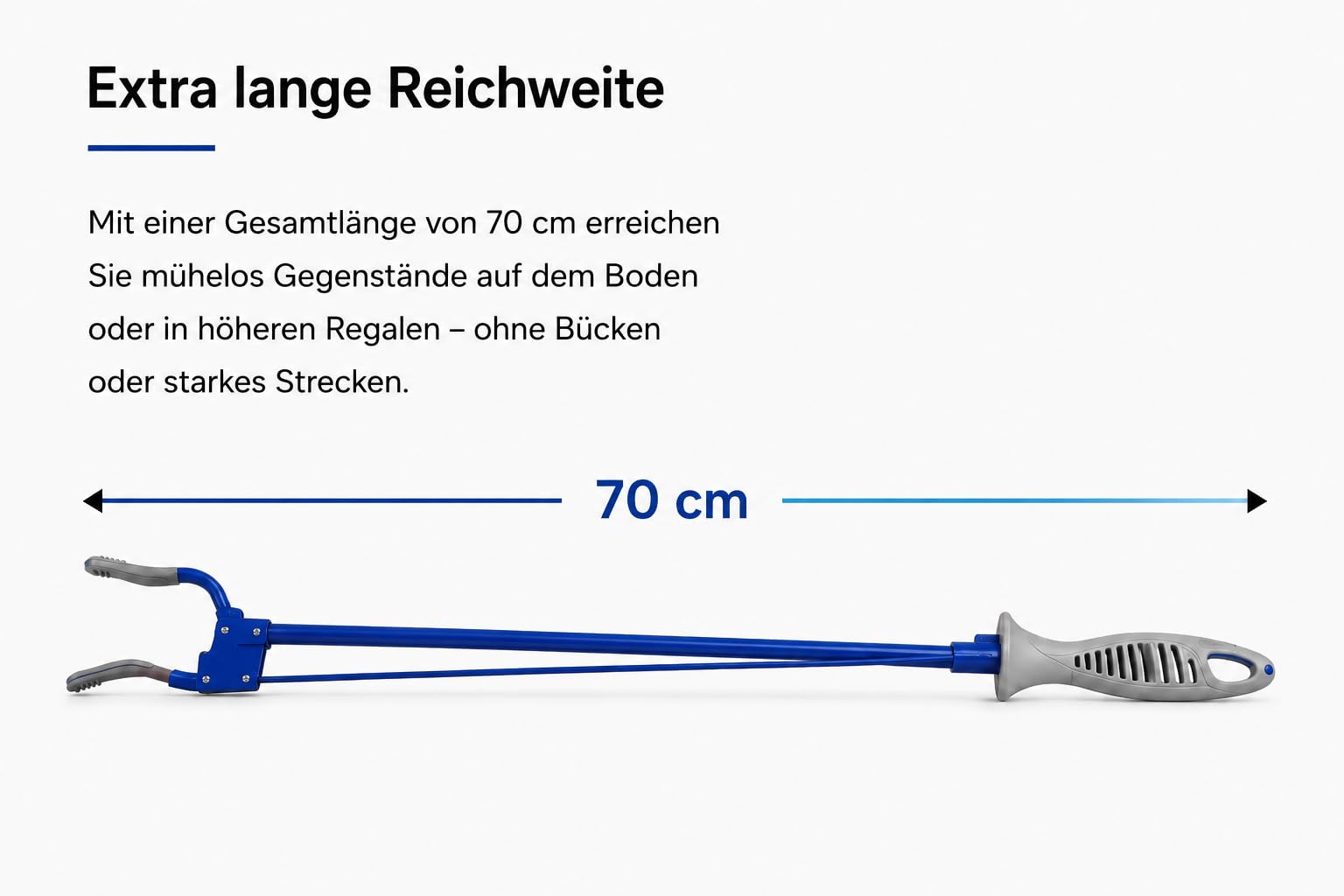 Greifhilfe RFM Classic 70 cm, blau | Ergonomischer Softgriff Drehbarer Greifkopf Rutschfeste Greifbacken Magnet an der Spitze Belastbar bis 2 kg