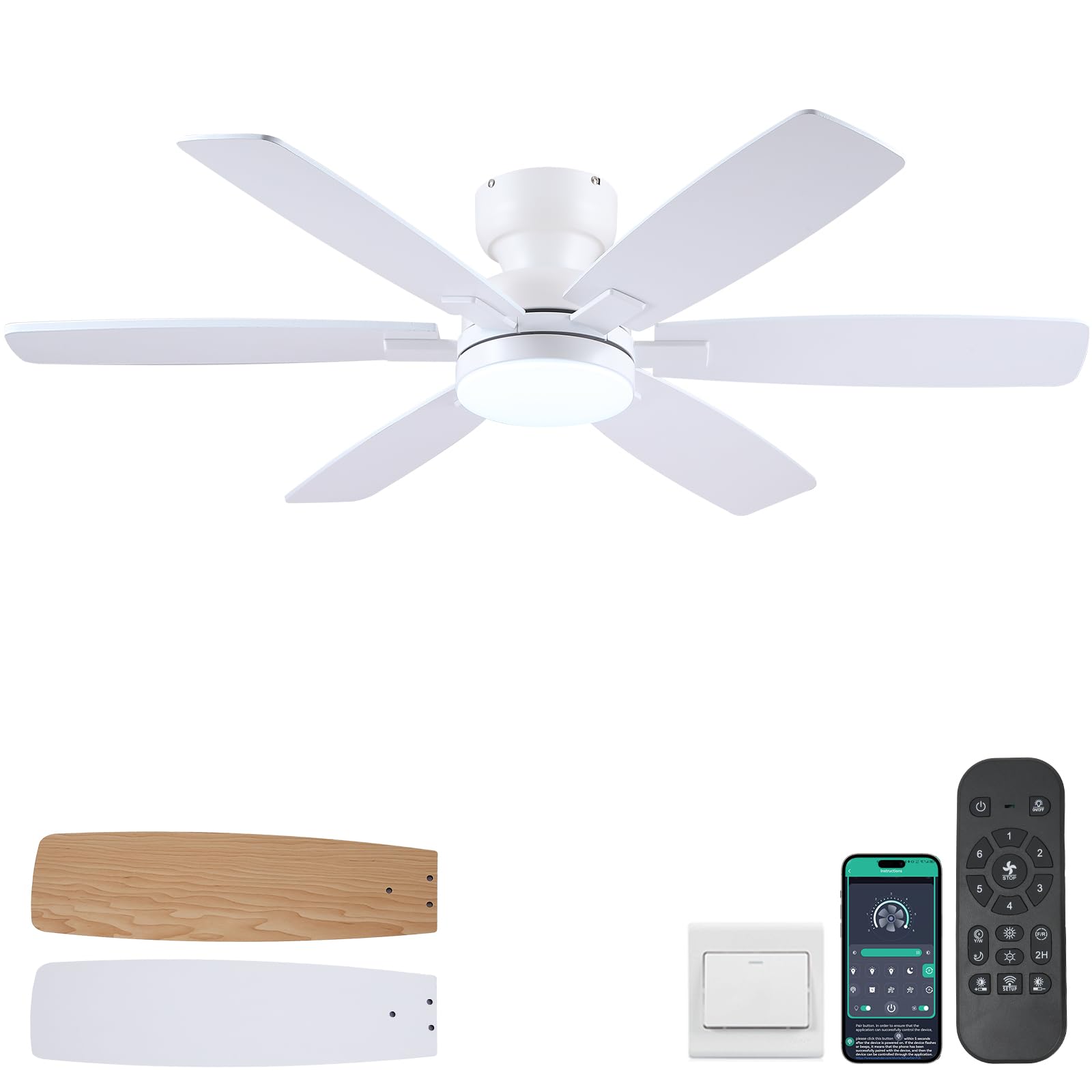 Photo 1 of **parts only** Kviflon 52" Ceiling Fans with Lights, Low Profile Ceiling Fan with Light and Remote/APP Control, Flush Mount Ceiling Fan with 6 Reversible Fan Blades, 3CCT, Dimmable, Quiet Motor for Kidsroom White