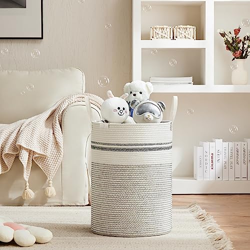 Image of VIPOSCO 72L Tall Woven Rope Laundry Hamper, Leather Handles, Stripe White | Large Wicker Laundry Basket for Dirty Clothes, Blanket, Toy, Towel, Yoga Mat, Storage Bin in Bedroom, Bathroom, Living Room