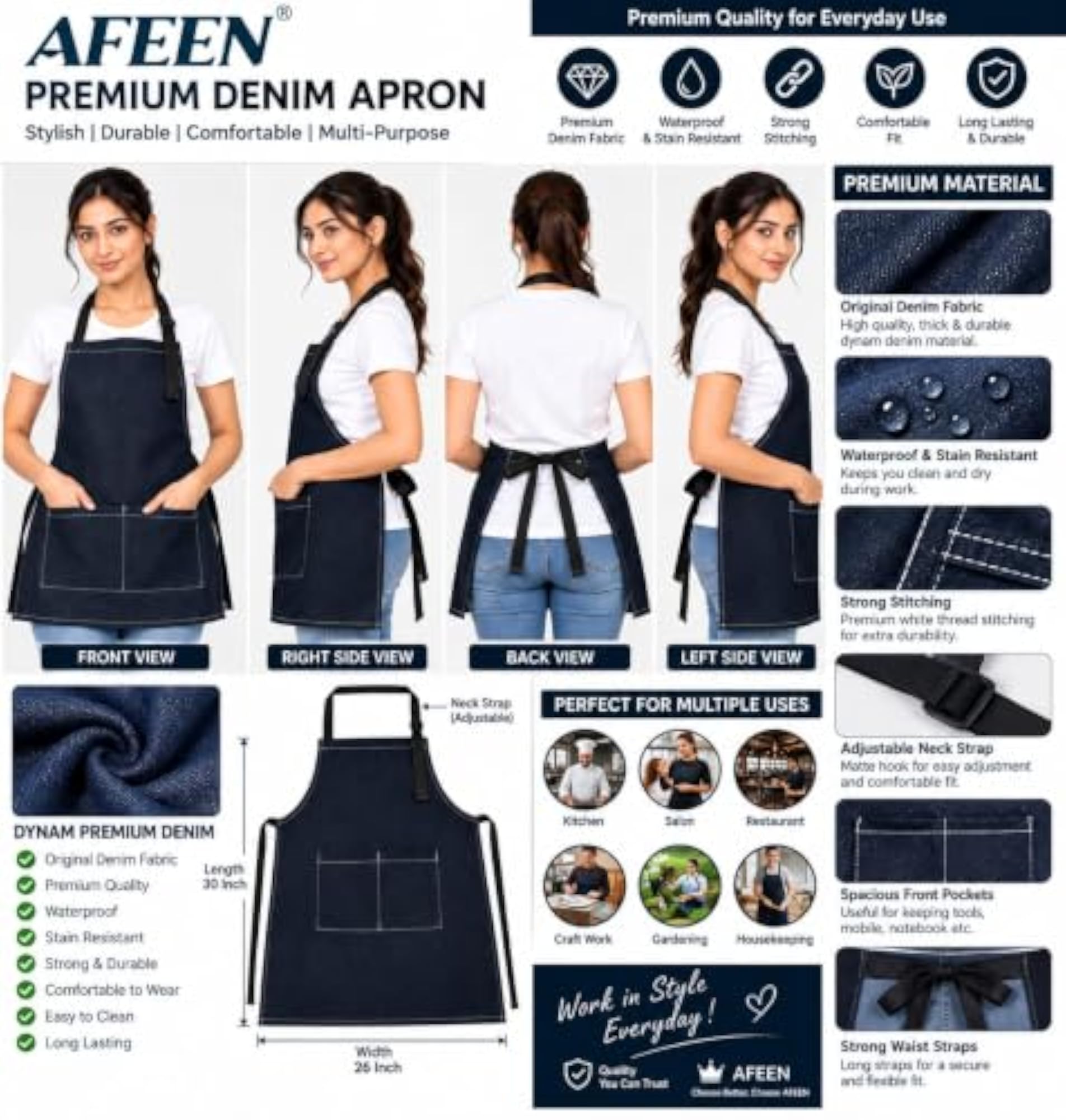 Unisex Denim Fabric Kitchen Apron with Front Pockets