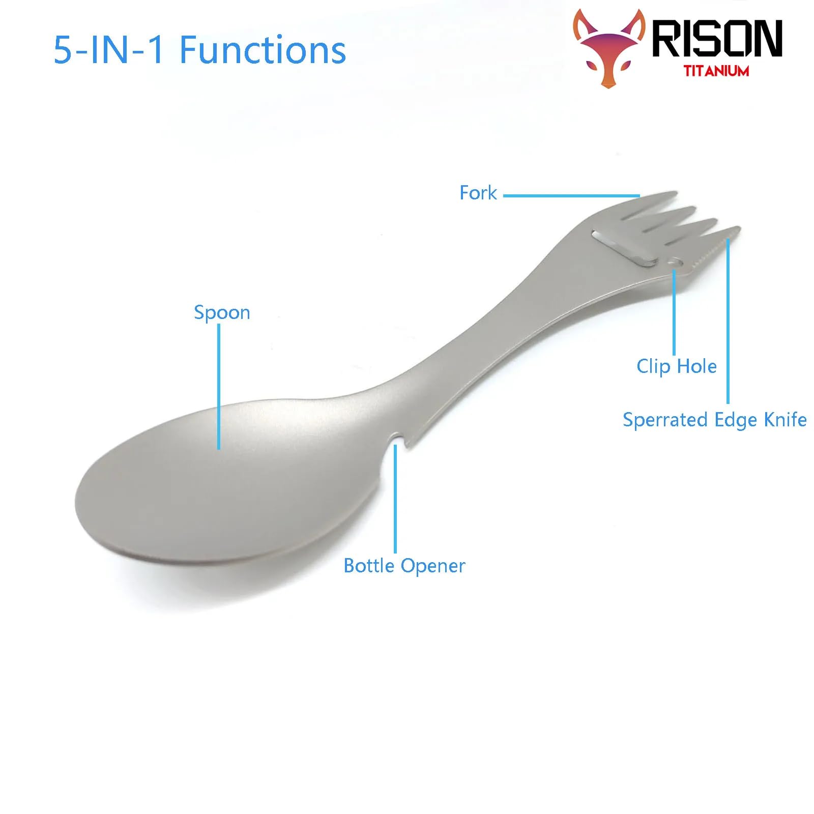 RISON Titanium Spork Multi-Function Spork 5-in-1 Spoon Fork Knife Can Bottle Opener Combo Portable Titanium Utensils for Outdoor Picnic Hiking Fishing Boating BBQ Travel Camping (2, Titanium Silver)