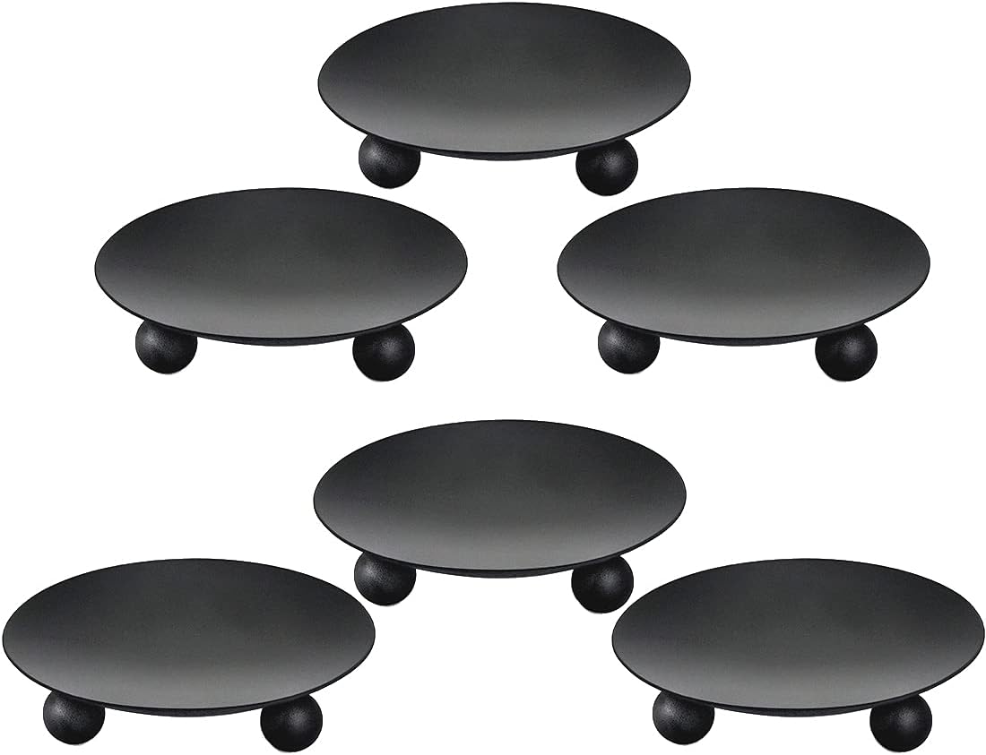 DEYBBY 6 Pack Black Iron Plates Candle Holders, 4.7 Inch Decorative, Metal Pillar Candle Plate, Pedestal Candle Stand for LED & Wax Candles, Table, Weddings, Party