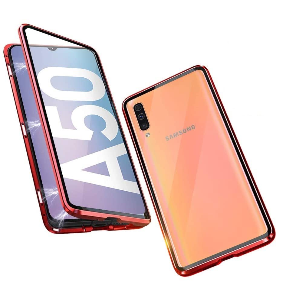 Carcasa de cristal templado para Samsung Galaxy A50, magnético transparente, protección integral (rojo)