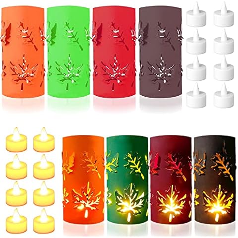 16 Pcs Thanksgiving LED Tea Lights with 16 Pcs Luminary Bags Outdoor Paper Lanterns with Lights Included Maple Leaf Lantern Bags Flameless Candles Gifts for Wedding Party Festival Christmas Decor Cover