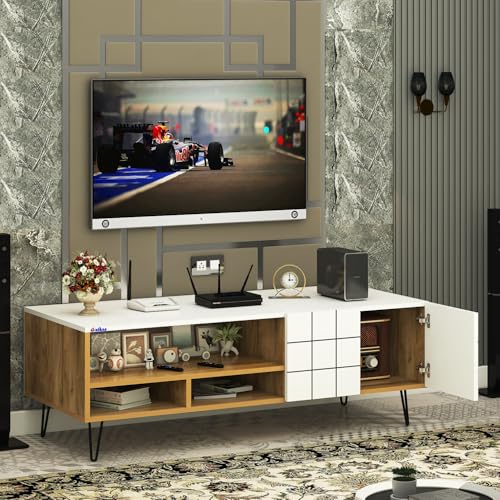 Image of Anikaa Axiora Engineered Wood Floor Standing TV Unit for Living Room | Modern Entertainment Console with 3-Open Boxes & 1-Closed Door Storage | Giantwood & White DIY (Do-it-Yourself) Installation